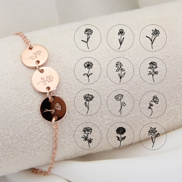 Personalisierte Geburt Blume Disc Armband, benutzerdefinierte Monat Floral Initial Charm Armband Schmuck, Muttertag Brautjungfer Geschenk für sie / Mutter