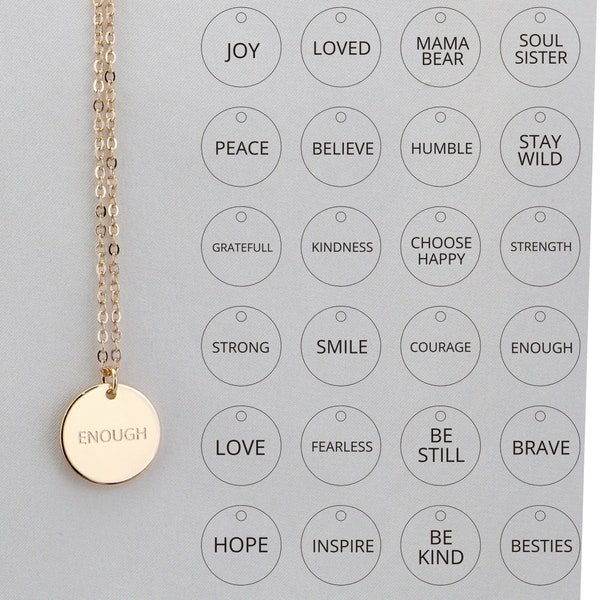 Dainty Inspirational Quote Charm Necklace, Motivational Positive Word Disk Necklace, Jewelry Gift for Daughters Mothers Women