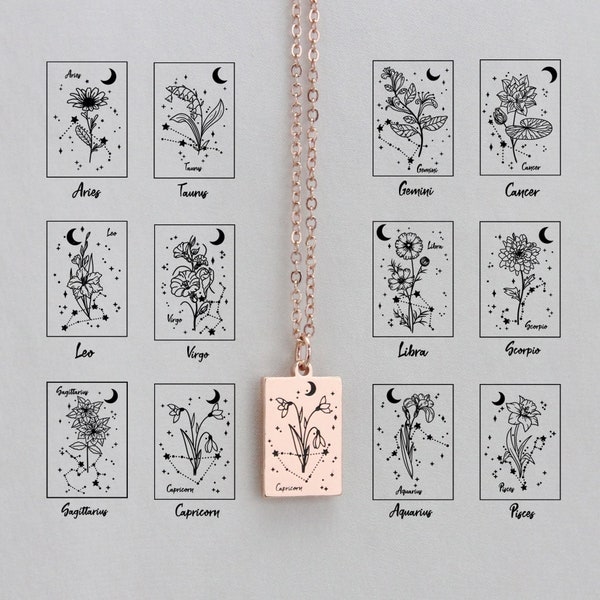 Zodiac Birth flowers Constellations Necklace, Dainty Gold Tarot Card Pendant Necklace for Her, Gift for Birthday Christmas, Graduation Gift