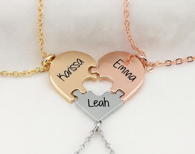 Personalized 3 Piece Heart Puzzle Necklace, Custom Name Engraved Friendship Jewelry, Rose Gold Silver Matching Necklace for Best Friends