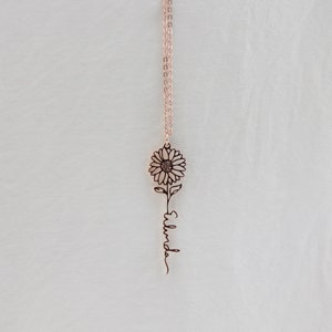 Collar de flor de nacimiento de escritura a mano real, collar de nombre de girasol de firma personalizada, regalo de collar conmemorativo delicado personalizado para madre imagen 2