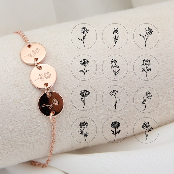 Personalized Birth Flower Disc Bracelet,Custom Month Floral Initial Charm  Bracelet Jewelry,Mothers day Bridesmaid Gift for Her/Mom