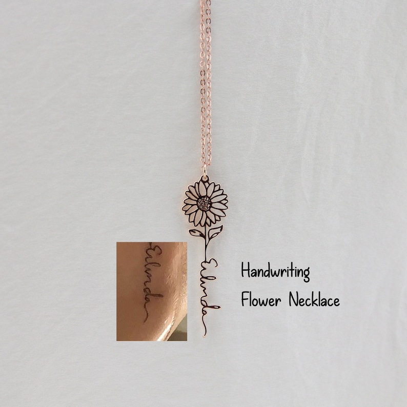 Echte Handschrift Geburt Blumen Halskette, benutzerdefinierte Signatur Sonnenblume Namenskette, personalisierte zierliche Erinnerungshalskette Geschenk für Mutter Bild 1