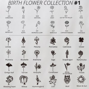 May include: A chart displaying birth flowers for each month of the year. The chart is divided into 12 sections, one for each month. Each section features a black and white illustration of a flower and the name of the flower. The chart is titled "Birth Flower Collection #1".