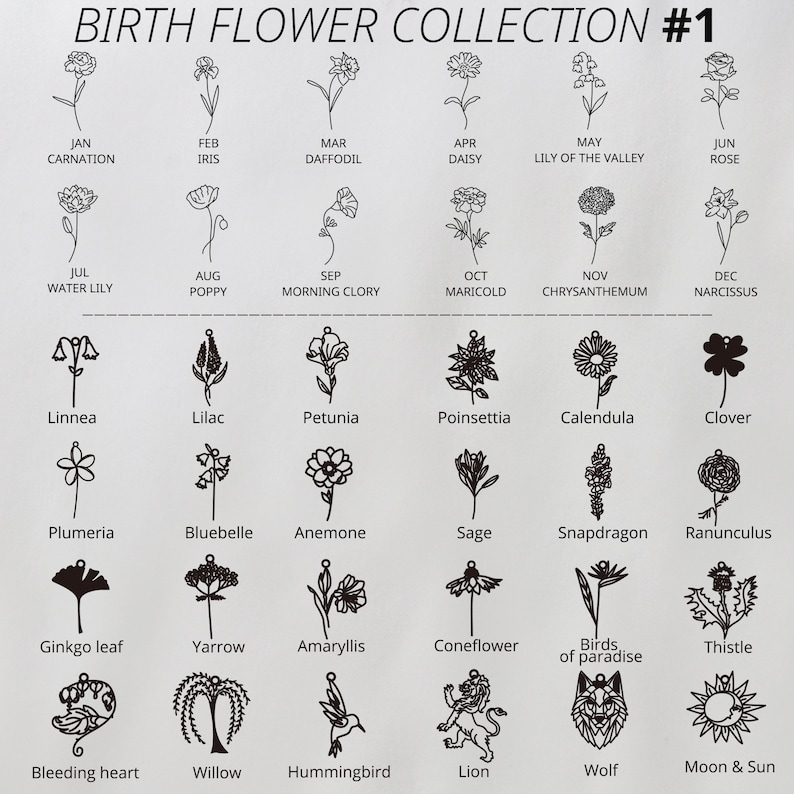 May include: A chart displaying birth flowers for each month of the year. The chart is divided into 12 sections, one for each month. Each section features a black and white illustration of a flower and the name of the flower. The chart is titled "Birth Flower Collection #1".