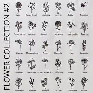 以下が含まれることがあります： 28種類の花のイラストが描かれた白いプリント。それぞれに一般的な名前が付けられています。「FLOWER COLLECTION #2」の文字が左側に縦に並んでいます。アスター、ダリア、ラベンダーなどの花が含まれています。