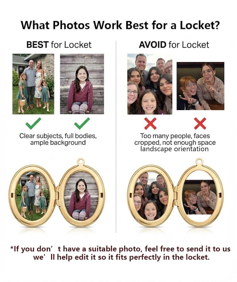 Puede incluir: Un gr&aacute;fico informativo titulado "&iquest;Qu&eacute; fotos funcionan mejor para un relicario?" muestra ejemplos de fotos que funcionan bien y las que no. El gr&aacute;fico incluye texto e im&aacute;genes de relicarios con fotos en su interior.