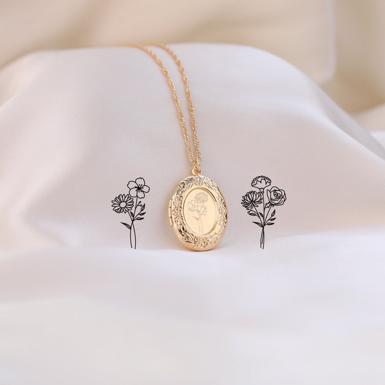 Collar de medallón de ramo personalizado con flor de nacimiento, collar de medallón de flores combinado, medallón grabado con foto, regalo de cumpleaños para ella/hermana imagen 1
