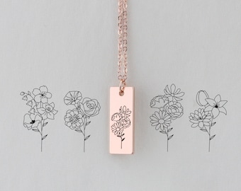 Collier de bouquet de fleurs de naissance personnalisé, collier de barre florale combiné gravé personnalisé pour femme, cadeaux de Noël pour mère/soeur/famille