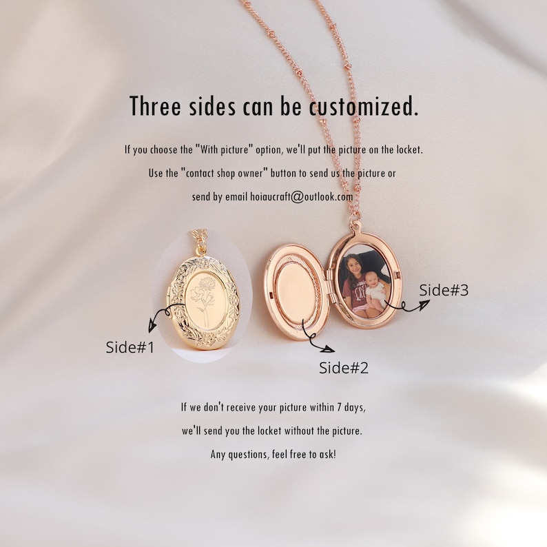 May include: Gold locket necklace with three sides that can be customized. The locket has a floral design on one side and a photo of two people on another side. The text "Three sides can be customized." is at the top of the image. The text "Side #1", "Side #2", and "Side #3" are next to each side of the locket.
