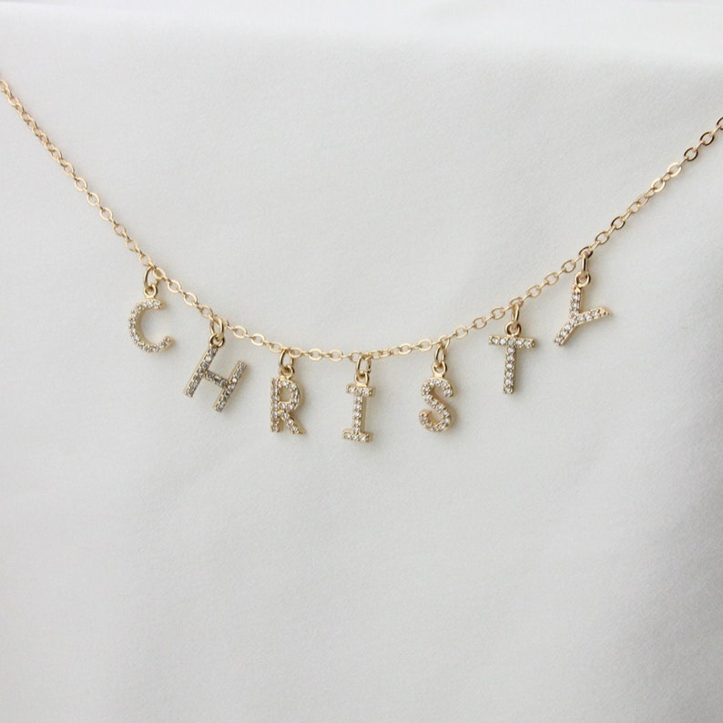 Custom Pave Necklace,Personalized Cubic Zircon Name Necklace,Gold Choker Initial Letter Jewelry for Women Girls image 2