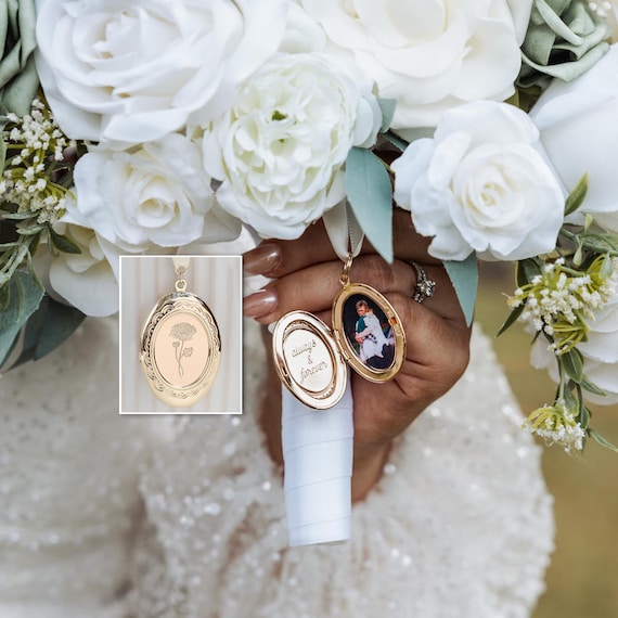 Bridal Bouquet Charm With Birth Flower • Custom Engraved Locket • Wedding Keepsake with Photo & Message • Memorial Gift for Bride