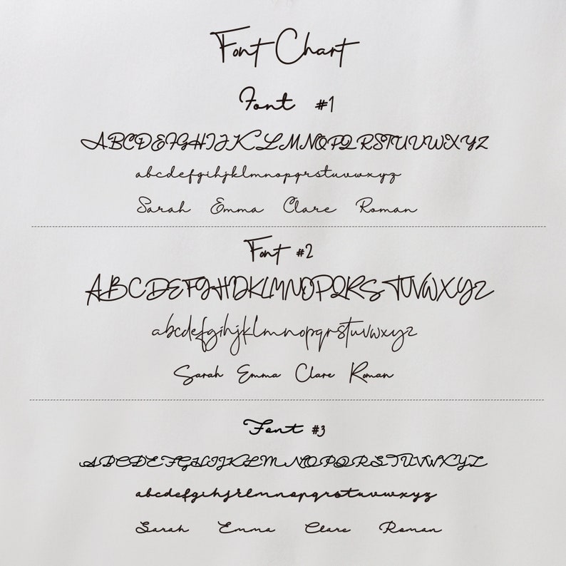 May include: A chart displaying three different fonts, labelled Font #1, Font #2, and Font #3. Each font shows the alphabet in uppercase and lowercase letters, followed by the names Sarah, Emma, Clare, and Roman written in the font.