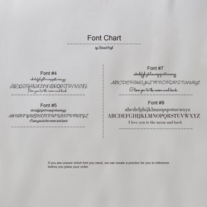 May include: Font chart with nine different font styles. Each font style is displayed with the alphabet and the phrase "I love you to the moon and back".