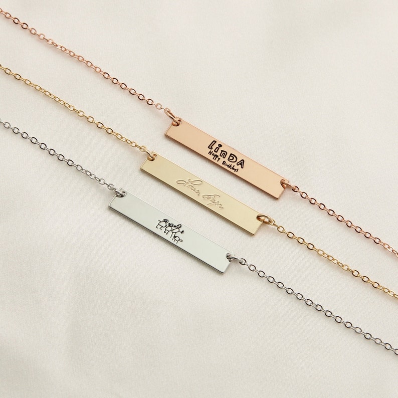 Personalized Bar Necklace,Custom Actual Handwriting Necklace,Gold Signature NameplateNecklace,Engraved Necklace,Memorial Gift for Her image 1