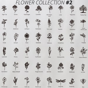 May include: A black and white illustration chart of 36 different flowers and plants, including a tiger lily, zinnia, hydrangea, camellia, monstera leaf, lotus, magnolia, family tree, holly, gladiolus, larkspur, sweetpea, fern leaf, cosmos, edelweiss, queen anne's lace, violet, jonquil, aster, gardenia, hibiscus, snowdrop, azalea, freesia, lavender, peony, orchid, sunflower, tulip, honeysuckle, pansy, cherry blossom, dandelion, baby's breath, protea, forget-me-not, jasmine, geranium, wildflower, ivy leaf, primrose, heather, calla lily, buttercup, dahlia, dragonfly, butterfly, and bee.