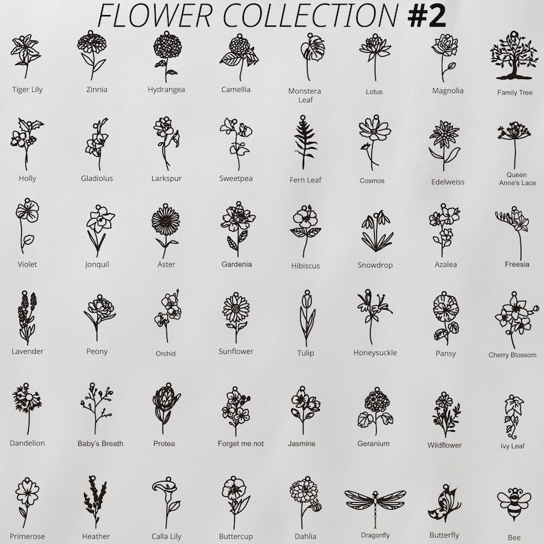 May include: A black and white illustration chart of 36 different flowers and plants, including a tiger lily, zinnia, hydrangea, camellia, monstera leaf, lotus, magnolia, family tree, holly, gladiolus, larkspur, sweetpea, fern leaf, cosmos, edelweiss, queen anne's lace, violet, jonquil, aster, gardenia, hibiscus, snowdrop, azalea, freesia, lavender, peony, orchid, sunflower, tulip, honeysuckle, pansy, cherry blossom, dandelion, baby's breath, protea, forget-me-not, jasmine, geranium, wildflower, ivy leaf, primrose, heather, calla lily, buttercup, dahlia, dragonfly, butterfly, and bee.