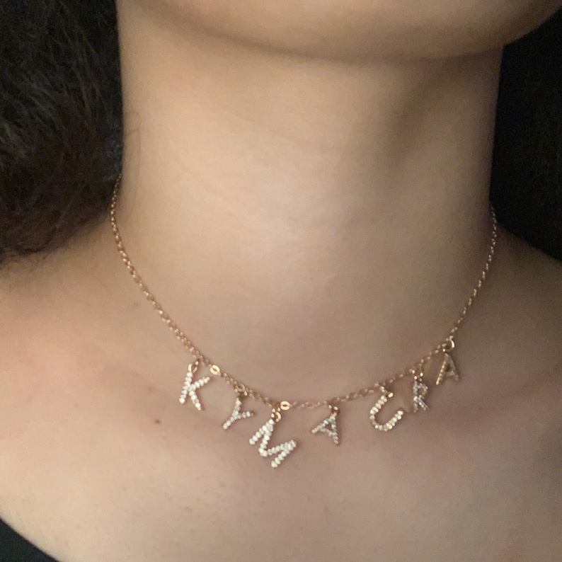 Custom Pave Necklace,Personalized Cubic Zircon Name Necklace,Gold Choker Initial Letter Jewelry for Women Girls image 1