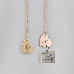 Aangepaste hartbedelketting met gravure, gepersonaliseerde daadwerkelijke handschrift gegraveerde schijfketting, herdenkingssieraden, moedercadeau voor haar