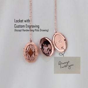 Locket Necklace with Custom Engraving, Engraved Locket Photo/Picture Necklace, Handwriting Memorial Mother's day Gift for Her/Mom/Grandma