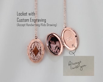 Locket Necklace with Custom Engraving, Engraved Locket Photo/Picture Necklace, Handwriting Memorial Mother's day Gift for Her/Mom/Grandma