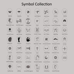 Może przedstawiać: Kolekcja okrągłych wzor&oacute;w z r&oacute;żnymi symbolami, w tym motylem, ważką, pszczołą i kolibrem. Tekst "Symbol Collection" znajduje się na g&oacute;rze. Każdy wz&oacute;r jest czarny na jasnoszarym tle.