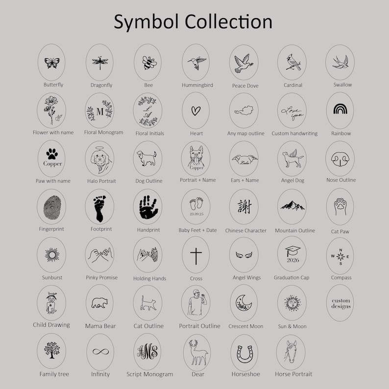 Może przedstawiać: Kolekcja okrągłych wzor&oacute;w z r&oacute;żnymi symbolami, w tym motylem, ważką, pszczołą i kolibrem. Tekst "Symbol Collection" znajduje się na g&oacute;rze. Każdy wz&oacute;r jest czarny na jasnoszarym tle.