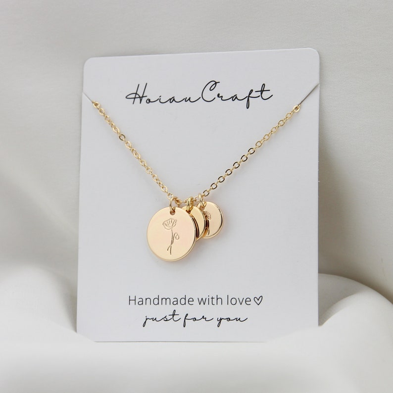 Personalisierte Geburt Blume Disc Halskette, Monat Anfang Charm Halskette, Halskette Schmuck, Weihnachten Brautjungfer Geschenk für Hochzeit / Mutter Bild 3