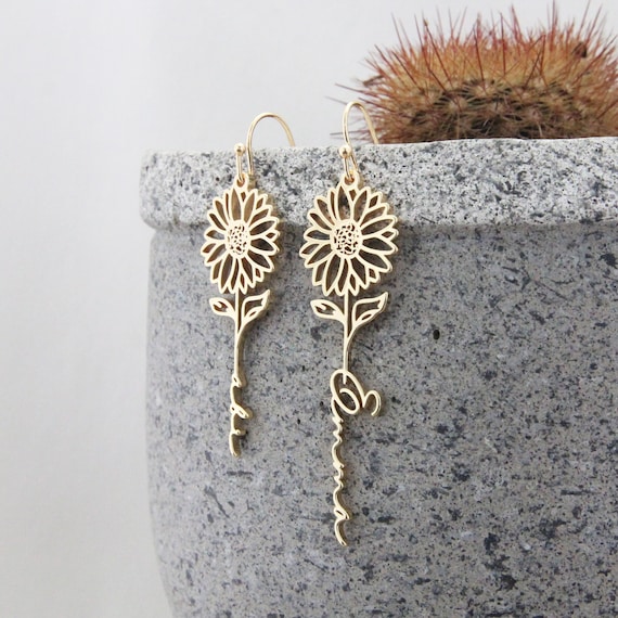 Birth Flower Custom Name Earrings,personalized Dangle Drop