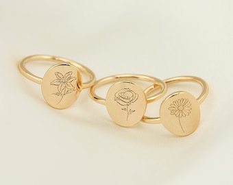 Anillo de flores de nacimiento, anillo floral personalizado, joyería de flores, anillo de nombre personalizado, anillo apilable ovalado, regalo del día del nacimiento para mamá, regalos de dama de honor