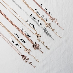 May include: A close-up of ten different gold, silver, and rose gold chains with various styles, including twist, figaro, dainty, box, curby, bead, and link chains. Each chain has a pendant with a floral design and a personalised name.