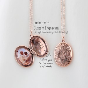 Vintage Locket Necklace with Engraving, Custom Engraved Locket Photo/Picture Necklace, Handwriting Mother's Day Gift for Mom/Grandma