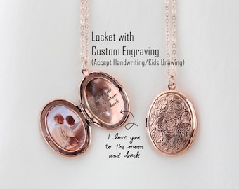 Vintage Locket Necklace with Engraving, Custom Engraved Locket Photo/Picture Necklace, Handwriting Mother's Day Gift for Mom/Grandma