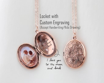 Vintage Locket Necklace with Engraving, Custom Engraved Locket Photo/Picture Necklace, Handwriting Mother&#39;s Day Gift for Mom/Grandma