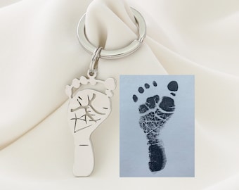 Actual Footprints Keychain,Personalized Handprint Keychain,Custom Baby Footprints Keychain,Meaningful Mother's Day Gifts