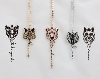 Collar de animales de cadena personalizado con nombre, joyería geométrica personalizada de lobo/zorro/mamá oso/león para mujeres, regalo conmemorativo para ella/madre