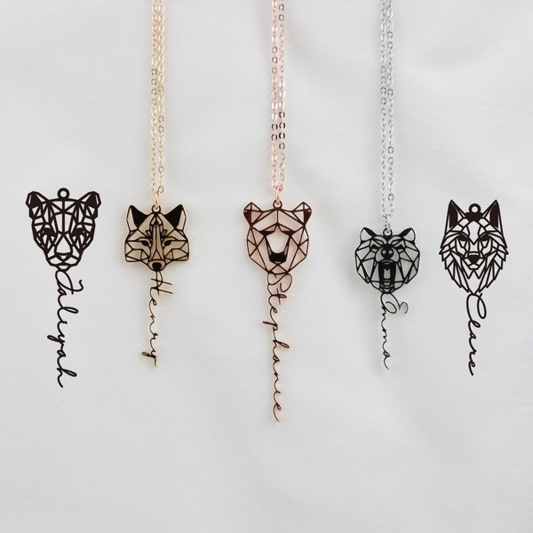 Collier d’animaux à chaîne personnalisé avec nom, loup personnalisé/renard/maman ours/lion bijoux géométriques pour femmes, cadeau commémoratif pour elle/mère