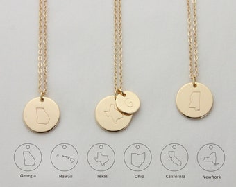 Personalized State Necklace, State Outlines Necklace with Initial Disc, Long Distance Gift, State Jewelry, Relationship Girlfriend Gift