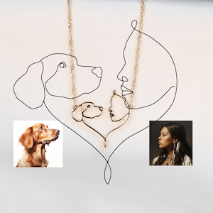 Customizable One Line Art, Pet Drawing Jewelry, Women and Dog Portrait Necklace, Pet Picture Heart Necklace, Memorial Gift for Loss of Dog