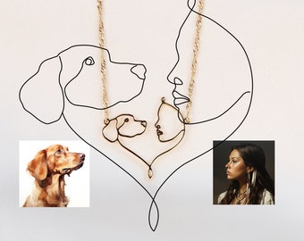 Customizable One Line Art, Pet Drawing Jewelry, Women and Dog Portrait Necklace, Pet Picture Heart Necklace, Memorial Gift for Loss of Dog
