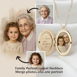 May include: Gold oval locket necklace with a chain. The locket opens to reveal a photo of a woman and a young girl. The locket has the words "I love you grandma" engraved on the inside. The image also includes a watercolor portrait.