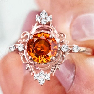Unique Orange Sapphire Engagement Ring For Women Vintage Art Deco Wedding Ring 14k Rose Gold Antique Orange Sapphire Bridal Anniversary Ring
