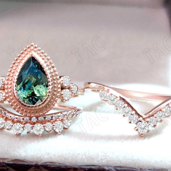 Color Changing Teal Sapphire Engagement Ring Set Pear Cut Teal Sapphire Antique Wedding Anniversary Ring Set 3 Piece Bridal Promise Ring Set