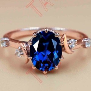 Moon Of My Life Blue Sapphire Engagement Ring 14k Rose Gold Vintage Wedding Ring Unique Art Deco Bridal Ring Antique Oval Cut Promise Ring