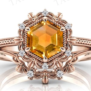 Vintage Floral Citrine Engagement Ring Set Hexagon Shaped Antique Leaf Design Wedding Ring Set For Women 2 Peace Bridal Anniversary Ring Set
