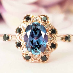 Antique Alexandrite Engagement Ring Unique Art Deco Wedding Ring Oval Vintage Bridal Anniversary Ring 14k Rose Gold Alexandrite Promise Ring