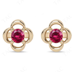 Art Deco Floral Design Ruby Earrings For Women 14K Gold Ruby Dainty Wedding Earrings Vintage Stud Earrings For Wife Anniversary Gift For Her