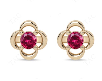 Art Deco Floral Design Ruby Earrings For Women 14K Gold Ruby Dainty Wedding Earrings Vintage Stud Earrings For Wife Anniversary Gift For Her