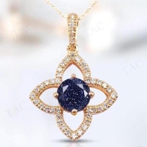 2.CT Natural Blue Sandstone Pendant For Women 925 Silver Blue Sandstone Handmade Pendant Art Deco Floral Design Wedding Pedant Gift For Her