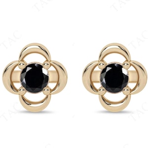 Natural Black Onyx Stud Earrings For Women 925 Silver Black Gemstone Earrings Art Deco Dainty Wedding Earrings Unique Floral Design Earring